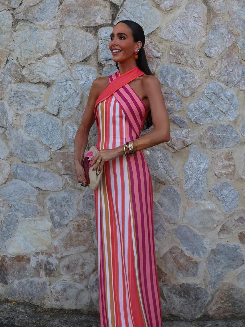 Maxi dress en lino algodón con silueta halter cruzada
