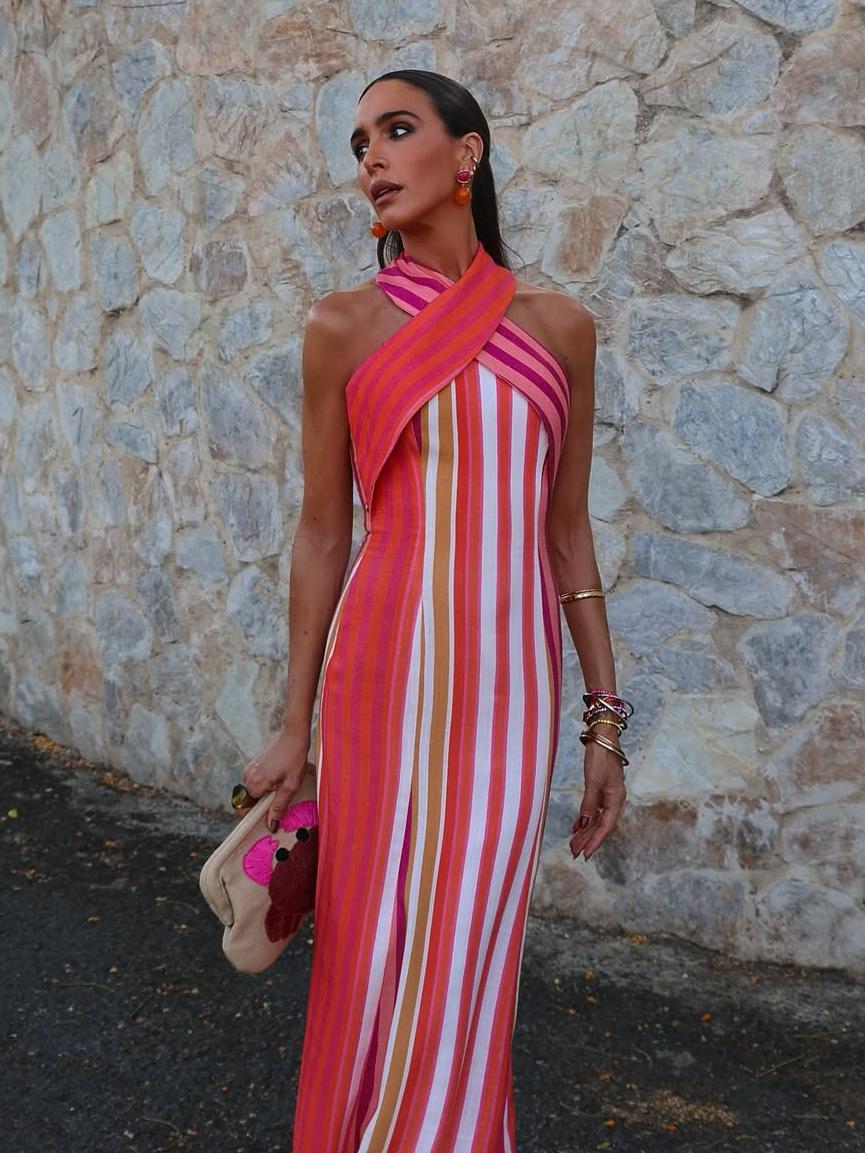 Maxi dress en lino algodón con silueta halter cruzada
