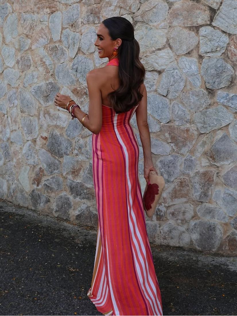 Maxi dress en lino algodón con silueta halter cruzada