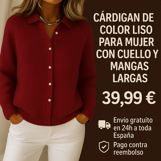 Cárdigan de color liso para mujer con cuello y mangas largas