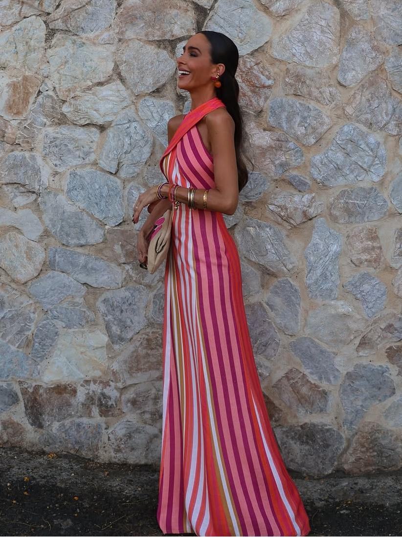 Maxi dress en lino algodón con silueta halter cruzada