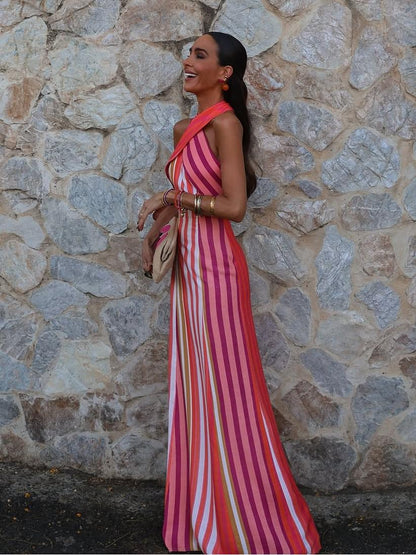 Maxi dress en lino algodón con silueta halter cruzada