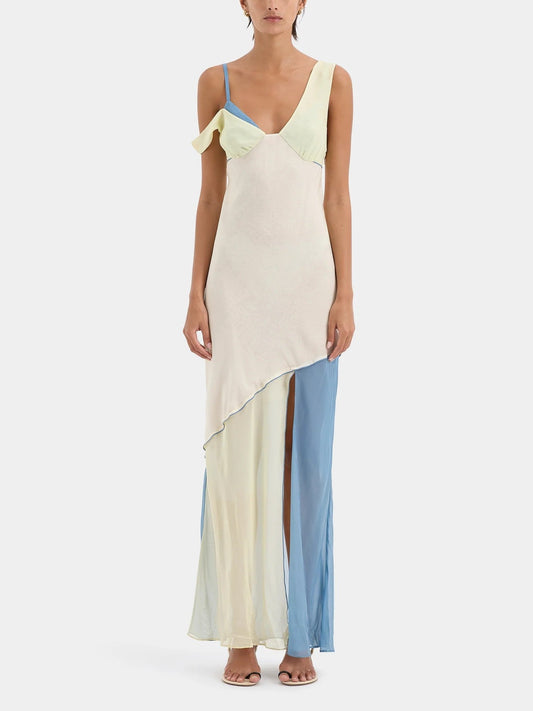 Vestido midi en chiffon colorblock, con escote asimétrico y caída envolvente