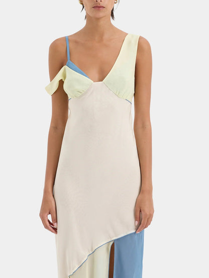 Vestido midi en chiffon colorblock, con escote asimétrico y caída envolvente