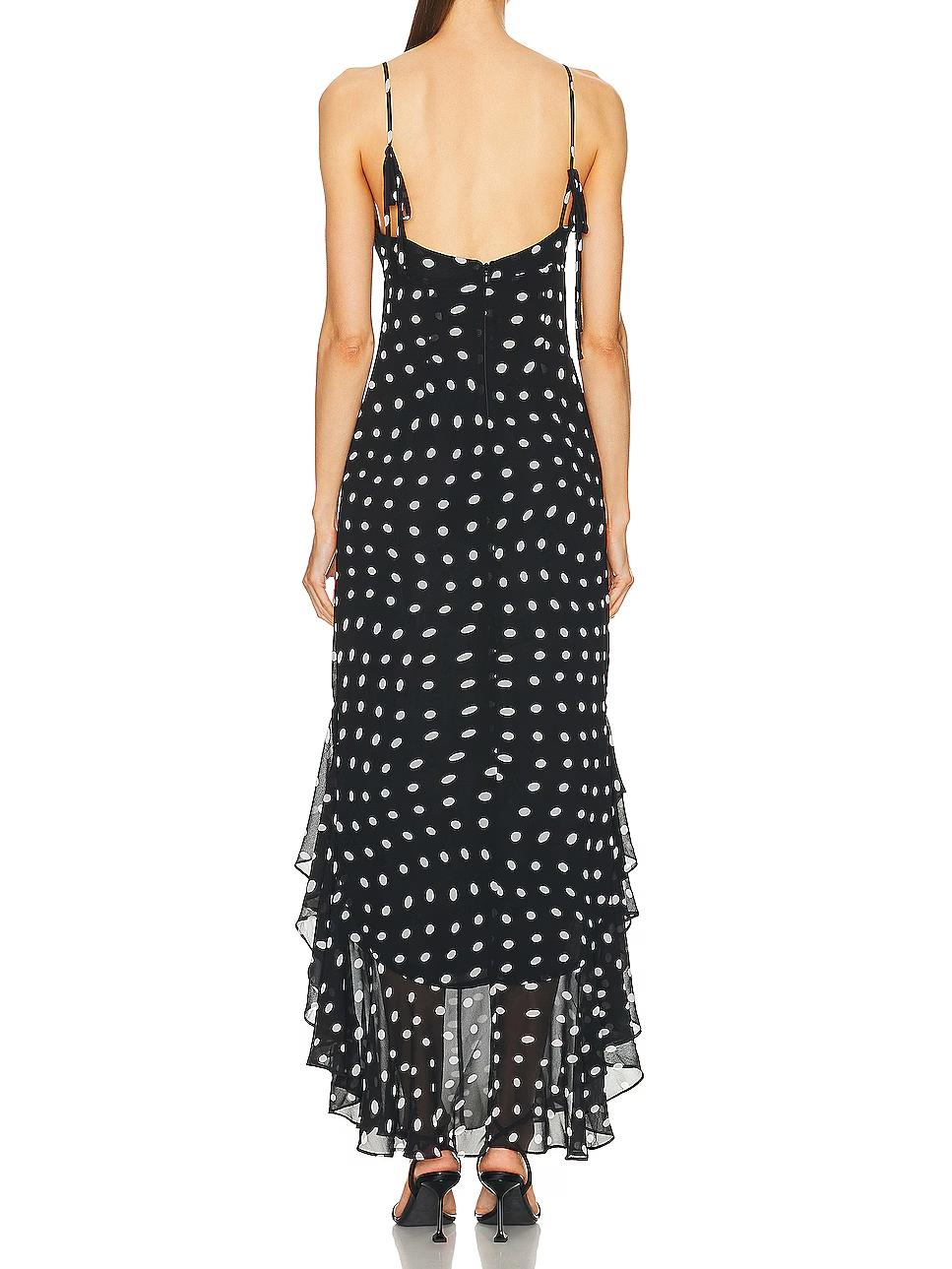 Vestido maxi con volados y tiras ajustables, en chiffon liviano con estampa polka dot