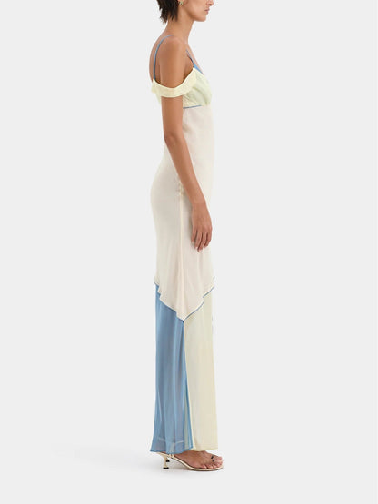 Vestido midi en chiffon colorblock, con escote asimétrico y caída envolvente