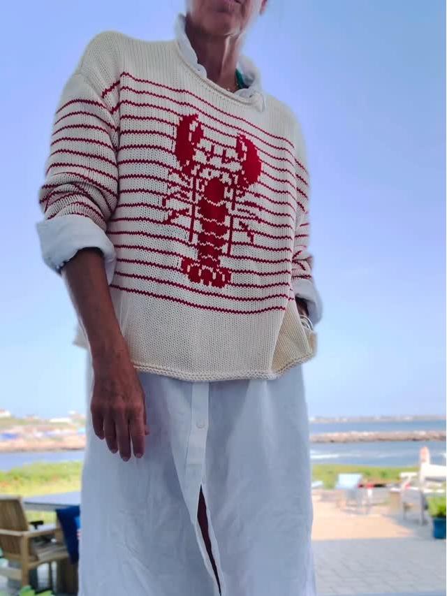 Sweater Gráfico de Langosta con Rayas Rojas y Base Crema