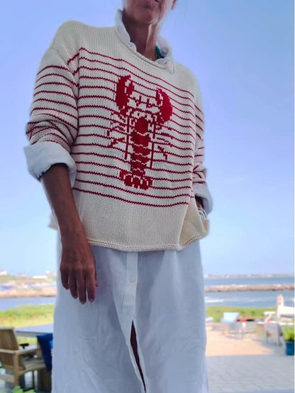 Sweater Gráfico de Langosta con Rayas Rojas y Base Crema