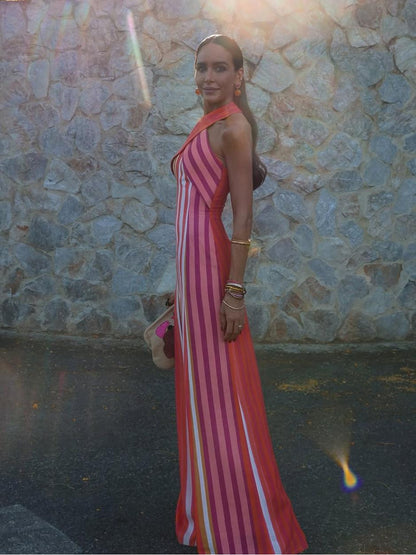 Maxi dress en lino algodón con silueta halter cruzada