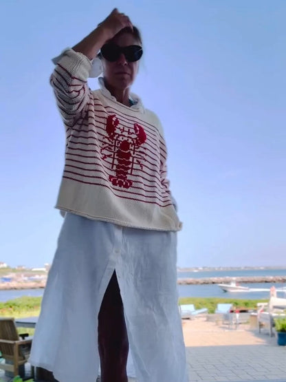 Sweater Gráfico de Langosta con Rayas Rojas y Base Crema