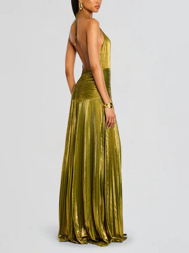 Vestido largo en textil plisado metálico