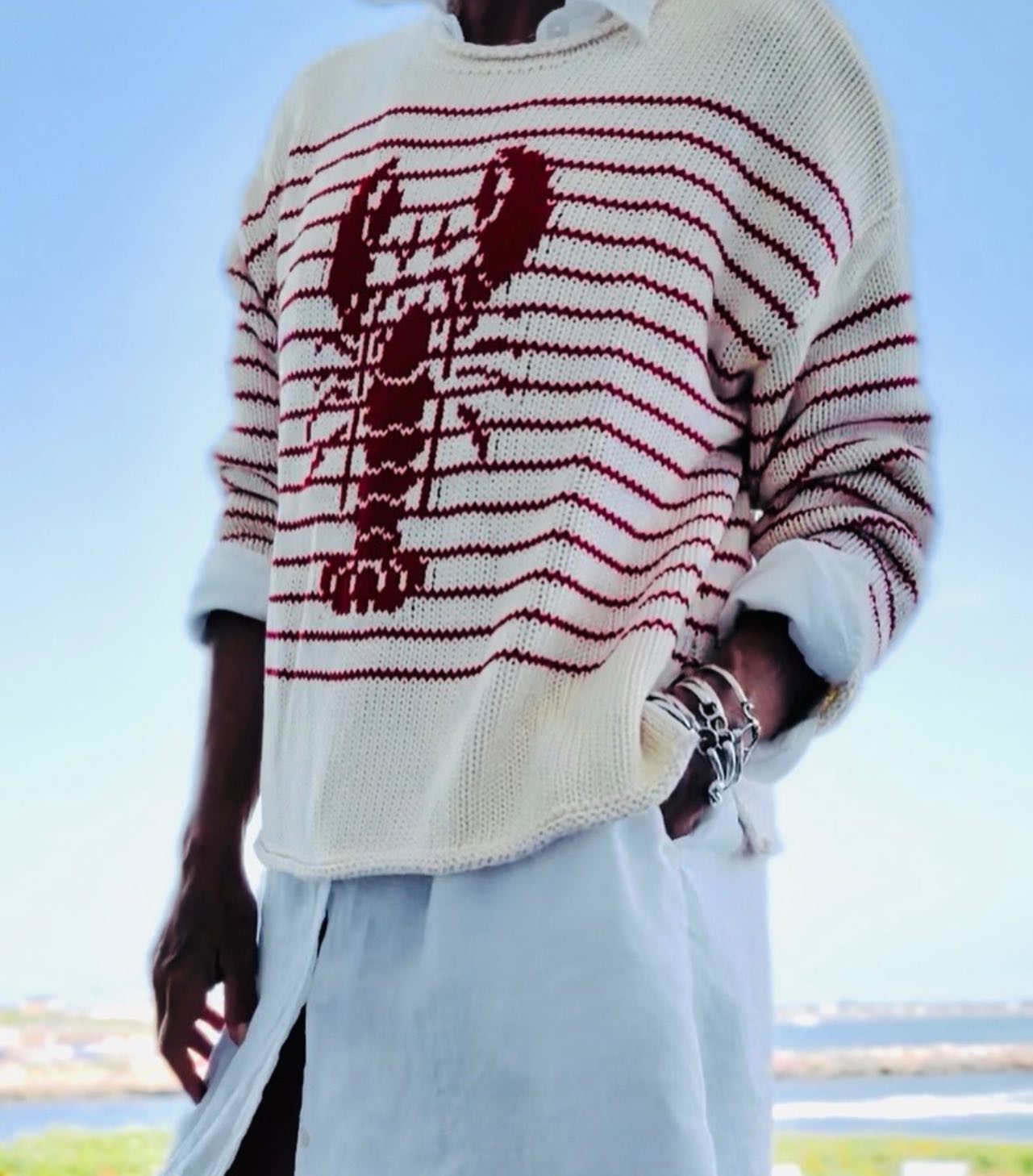 Sweater Gráfico de Langosta con Rayas Rojas y Base Crema