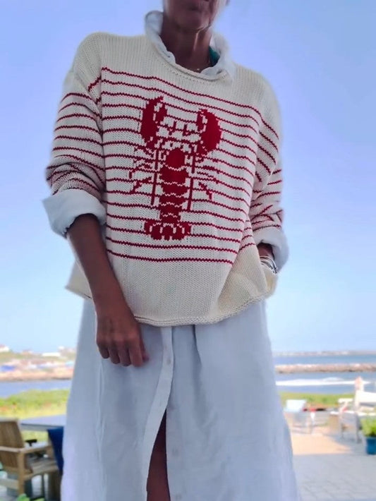 Sweater Gráfico de Langosta con Rayas Rojas y Base Crema