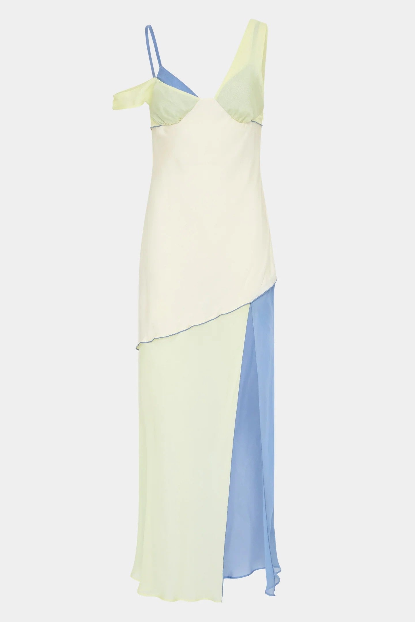 Vestido midi en chiffon colorblock, con escote asimétrico y caída envolvente