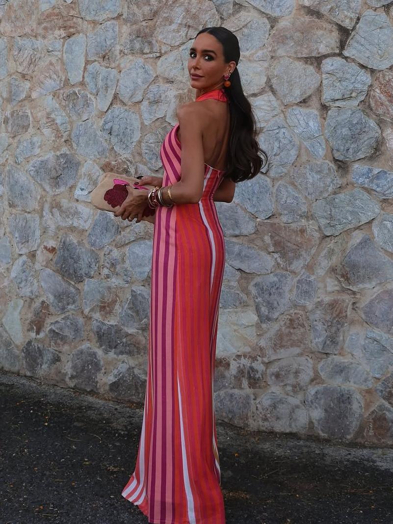 Maxi dress en lino algodón con silueta halter cruzada